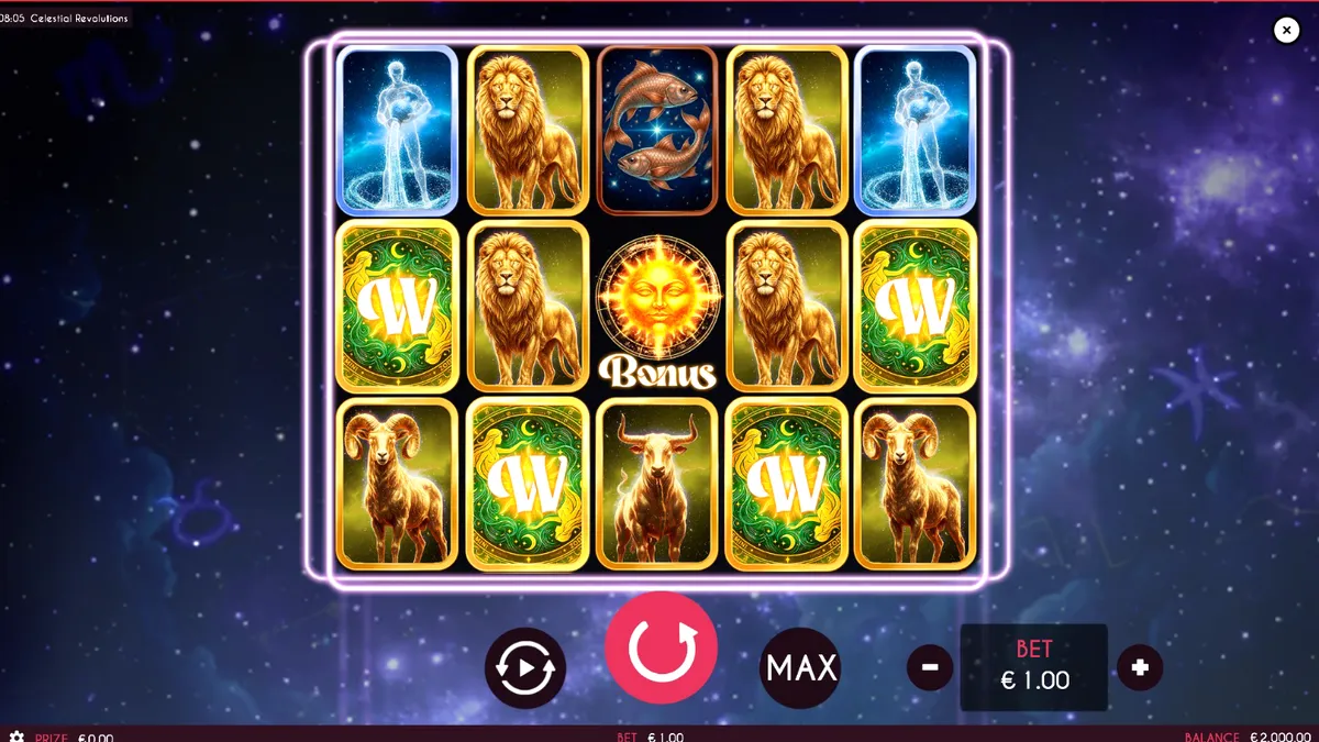 Tampilan antarmuka seluler slot Celestial Revolutions dengan tema zodiak dan kosmik