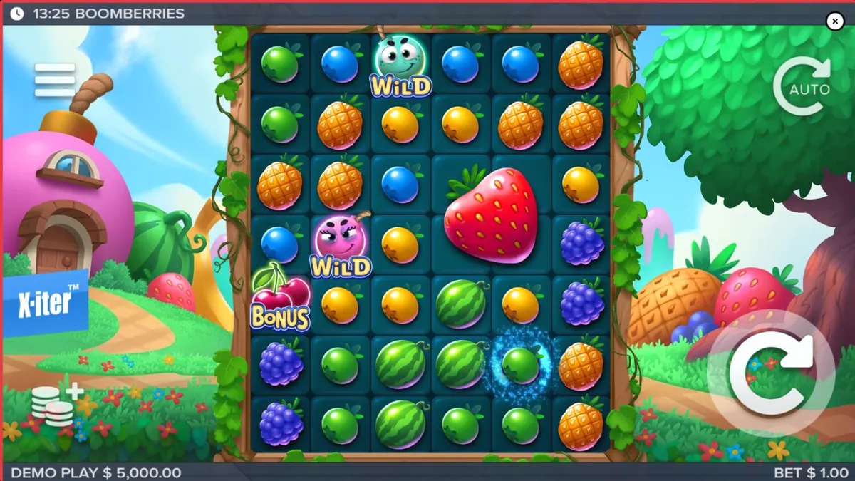 Tampilan visual slot Boomberries dengan tema desa buah yang ceria